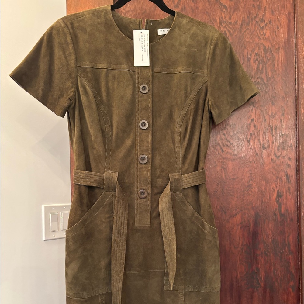 New with tags. Leather Trina Turk olive green dress.